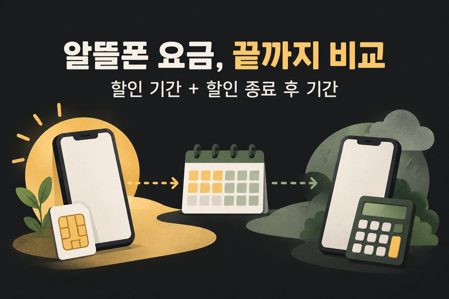 알뜰폰 요금은 할인 기간과 할인 종료 후 기간을 함께 비교한다는 설명용 일러스트