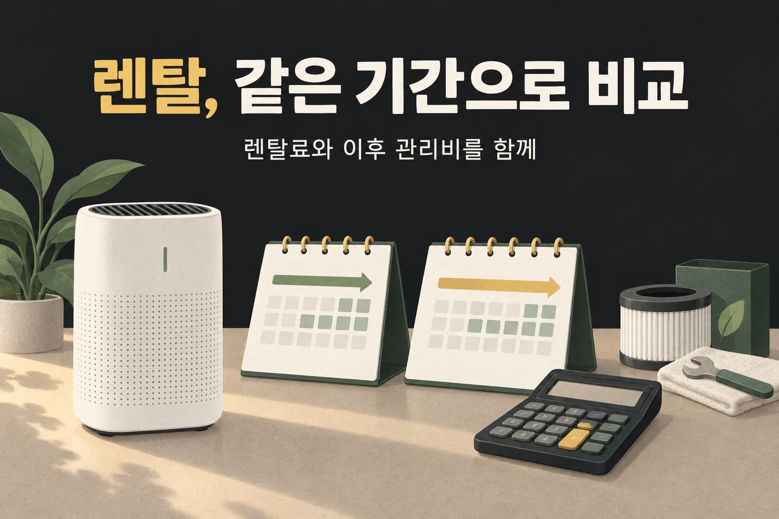 렌탈을 같은 전체 사용 기간으로 비교하며 소유권 이전 후 관리비도 확인한다는 설명용 일러스트